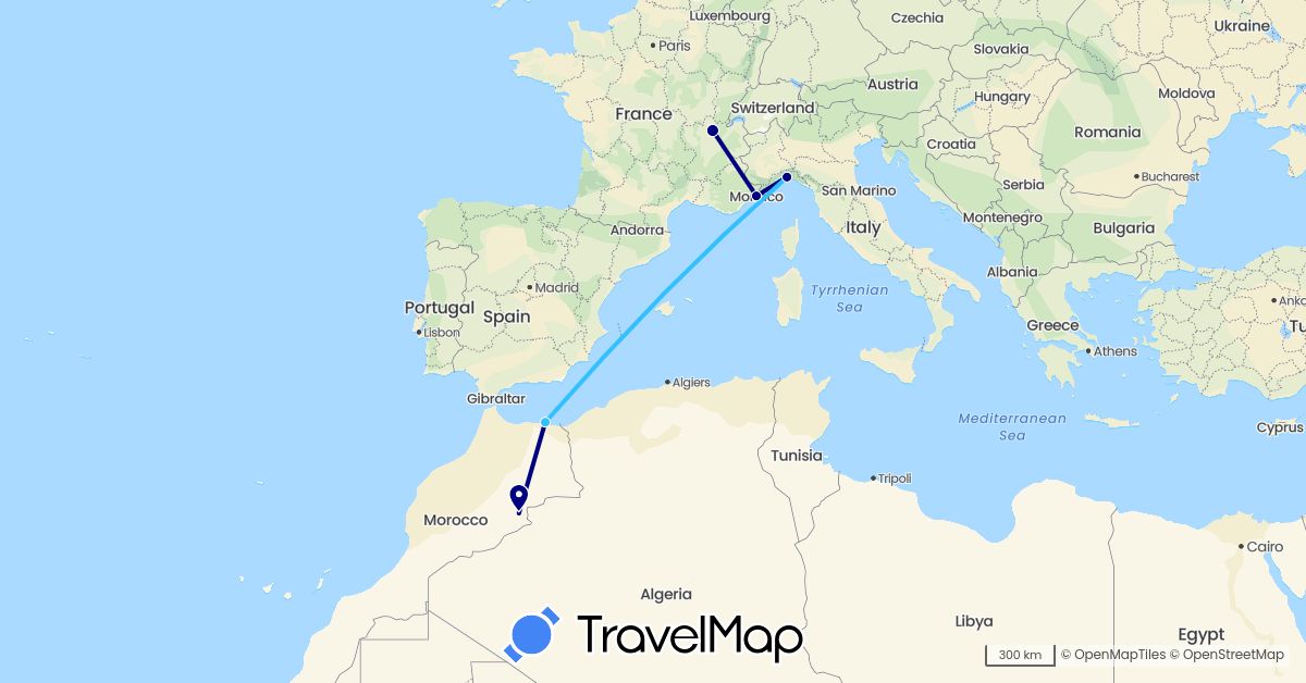 TravelMap itinerary: driving, boat in France, Italy, Morocco, Monaco (Africa, Europe)